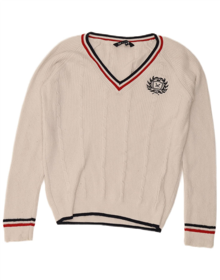 Crew Clothing Męski sweter z dekoltem w kształcie litery V, średniej wielkości biała bawełna
