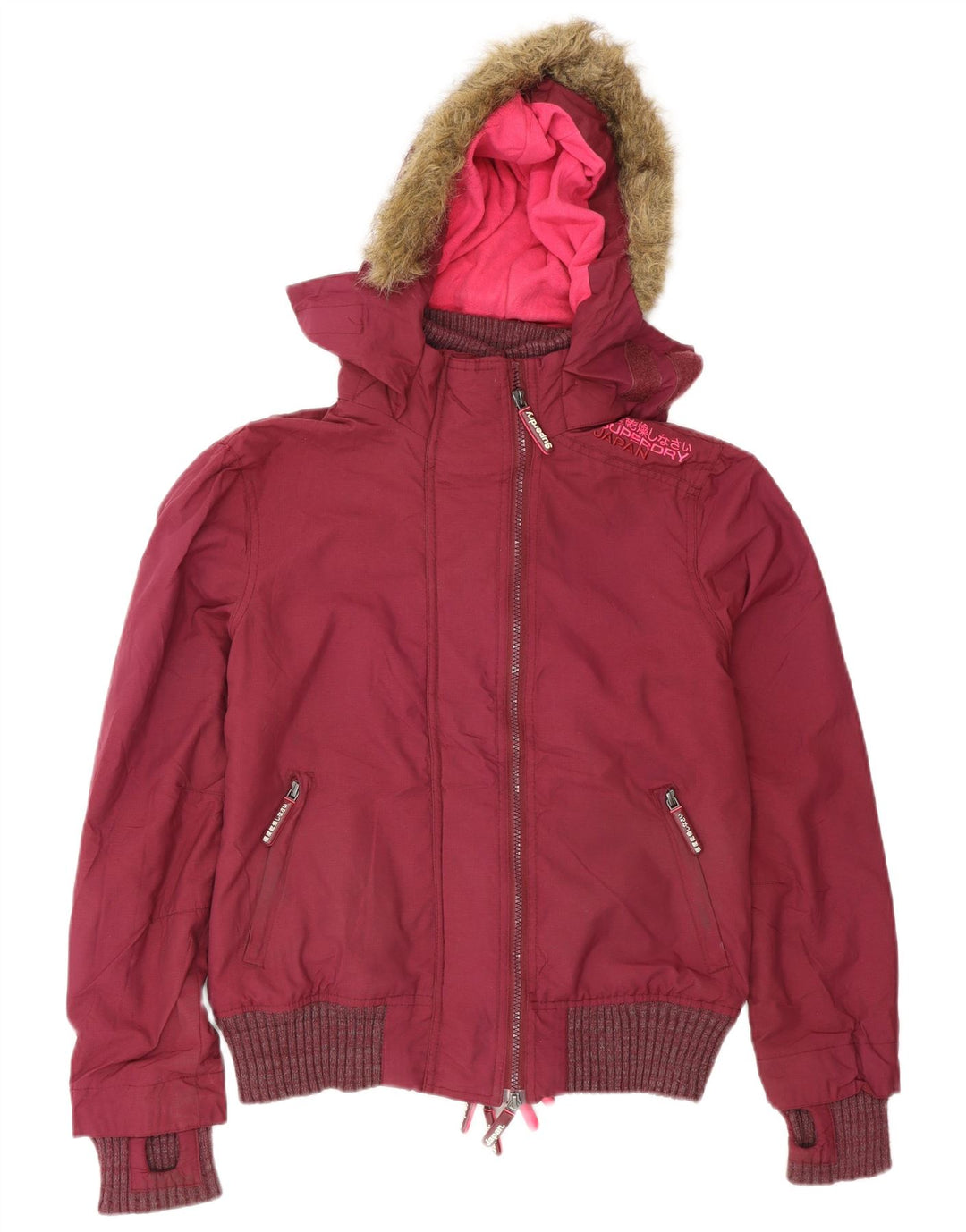 Damska kurtka bomber z kapturem Superdry UK 14, średni bordowy poliester