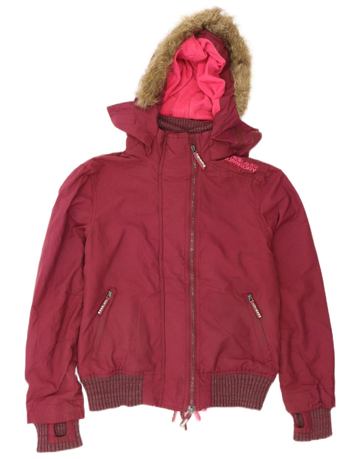 Damska kurtka bomber z kapturem Superdry UK 14, średni bordowy poliester