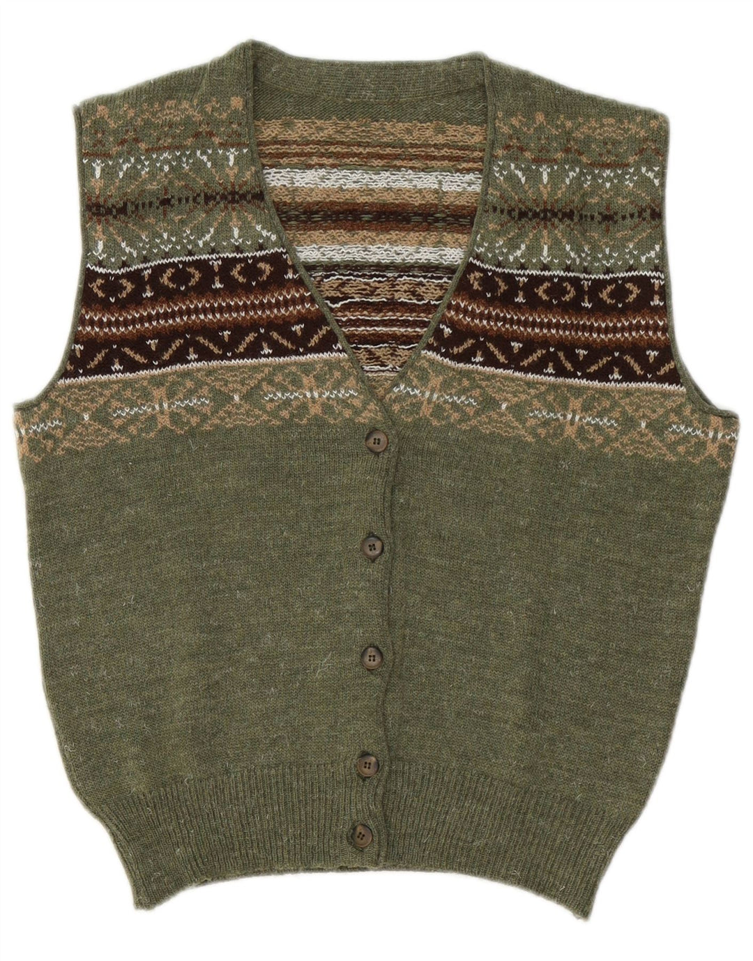 Damski sweter bez rękawów w stylu VINTAGE UK 14 Średni zielony Fair Isle