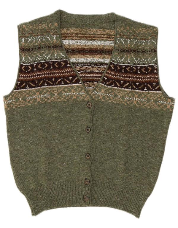 Damski sweter bez rękawów w stylu VINTAGE UK 14 Średni zielony Fair Isle