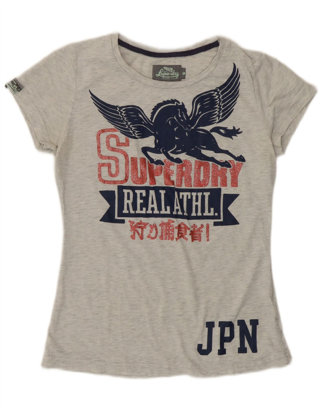Damski T-shirt z grafiką Superdry Top UK 12 Średni szary, nakrapiany poliester