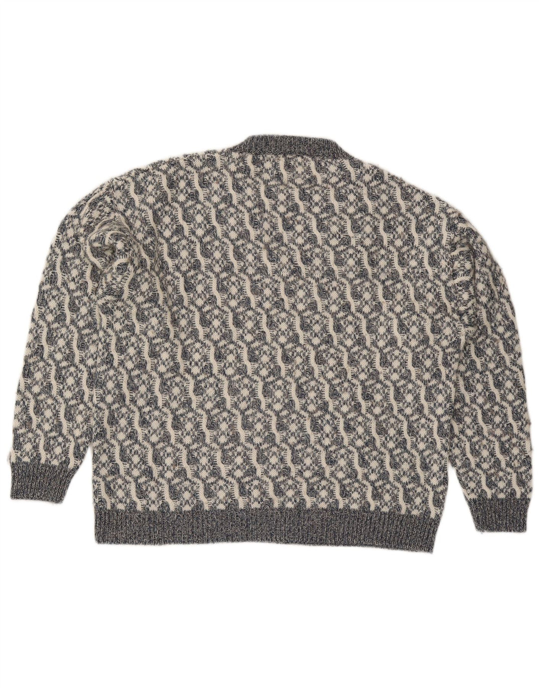 Męski sweter w stylu vintage z dekoltem w szpic, duży, szary, geometryczny, wełniany