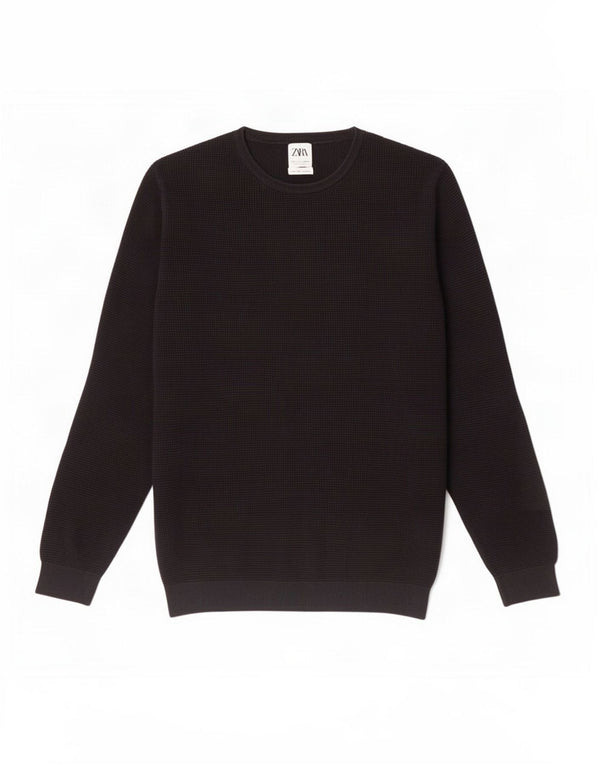 Zara Męski sweter z okrągłym dekoltem, duży, czarny, bawełniany