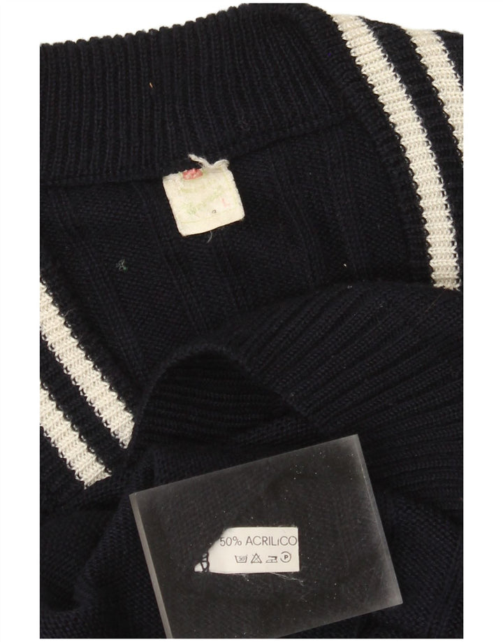Vintage męski sweter z dekoltem w szpic, duży granatowy akryl