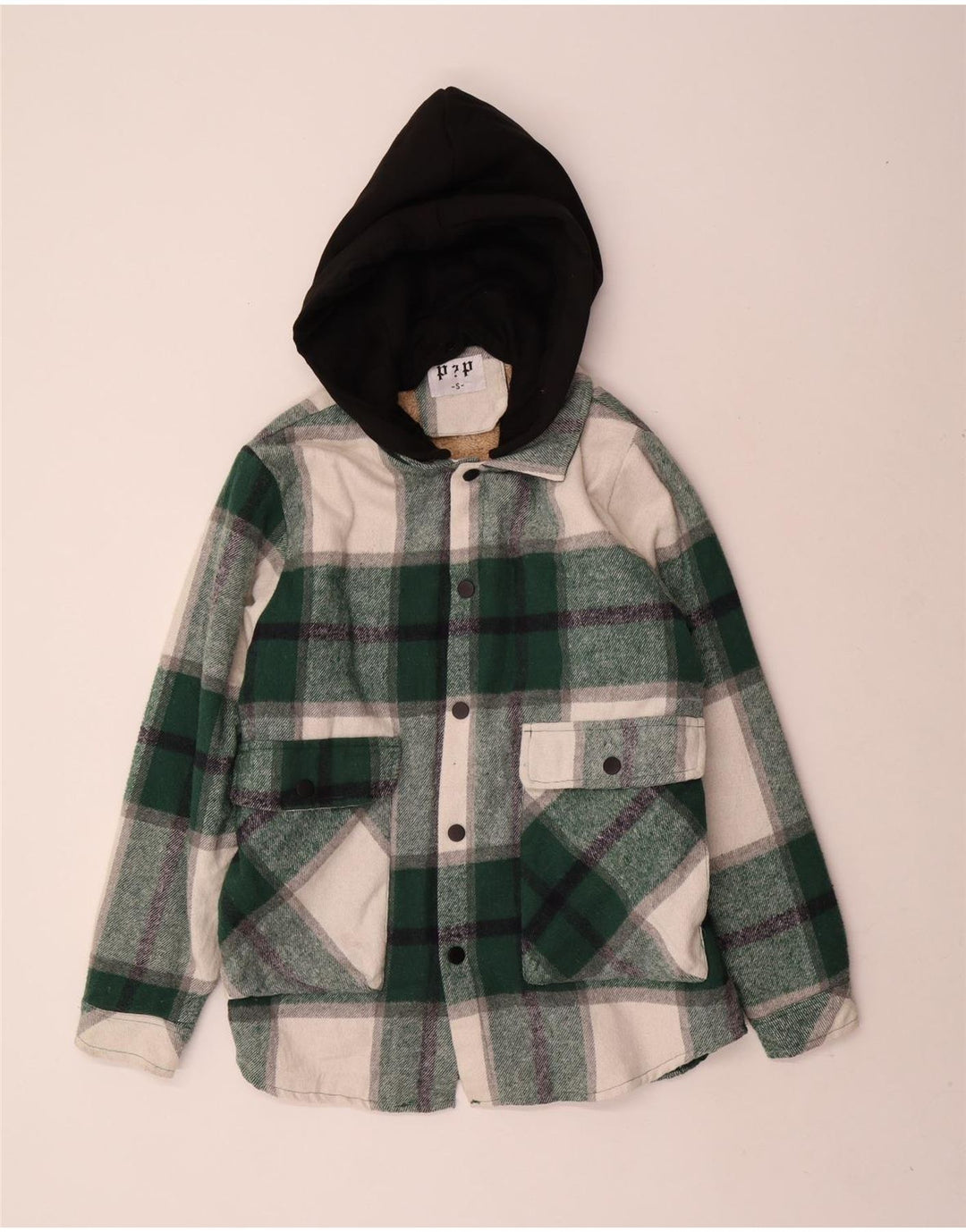 Vintage męska kurtka z kapturem Sherpa Utility UK 36, mała, zielona, poliestrowa kratka
