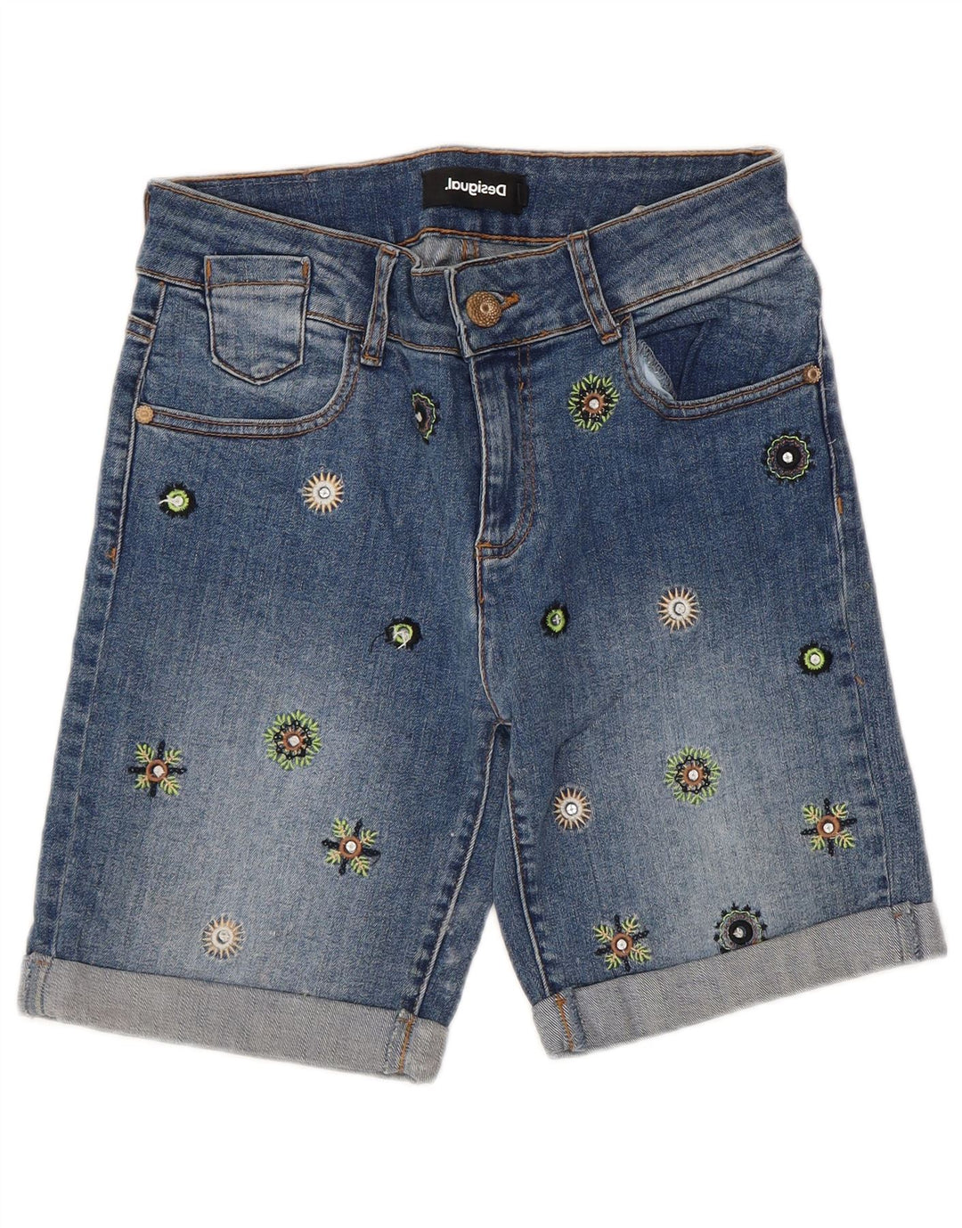 Damskie spodenki jeansowe Desigual W26 Małe, niebieskie, bawełniane w kwiaty