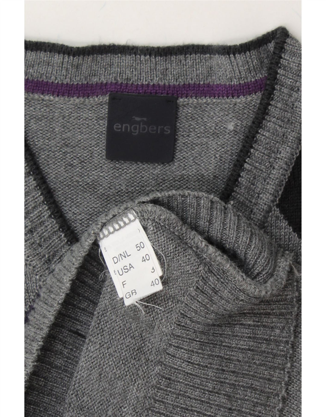 ENGBERS Mens V-Neck Jumper Sweater UK 40 Medium Grey Argyle/Diamond Wool Vintage Engbers and Second-Hand Engbers from Messina Hembry 