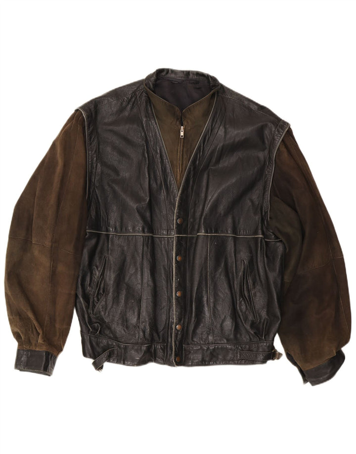 Męska kurtka skórzana w stylu vintage IT 56 3XL Czarna skóra z blokami kolorów