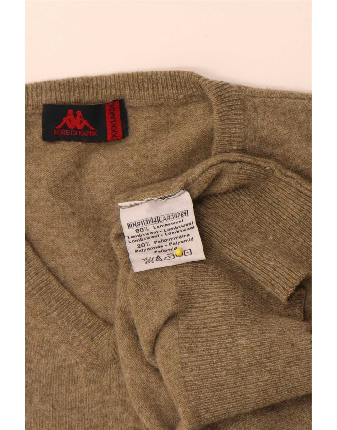 Męski sweter Kappa z dekoltem w kształcie litery V, 3XL Khaki, wełna jagnięca