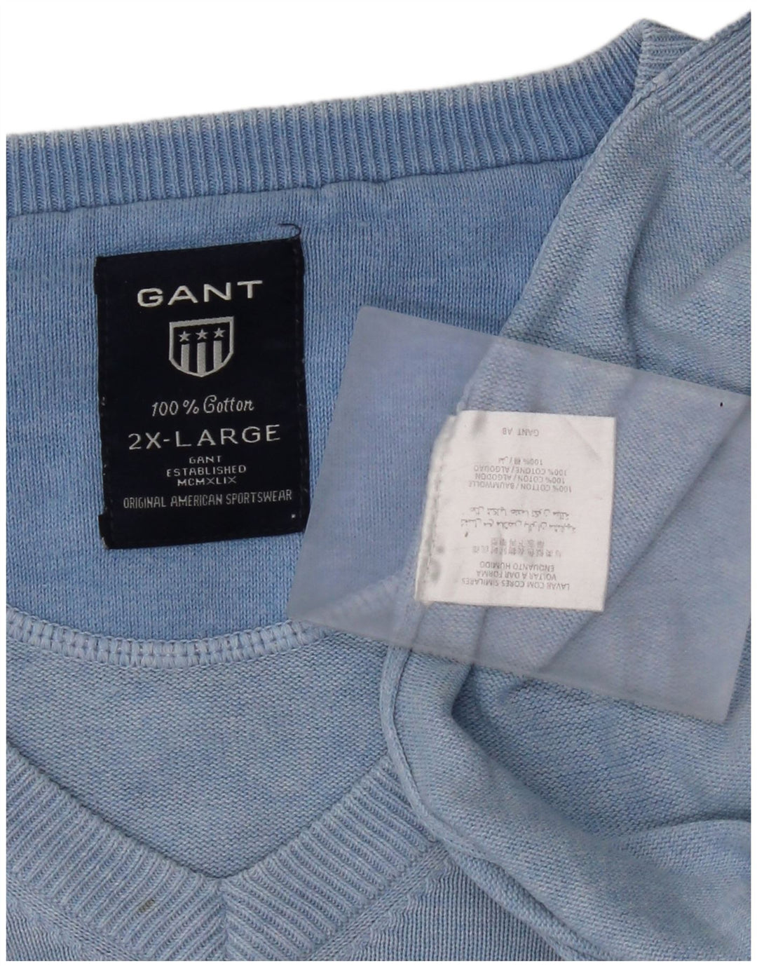 Męski sweter Gant z dekoltem w kształcie litery V, 2XL, niebieska bawełna