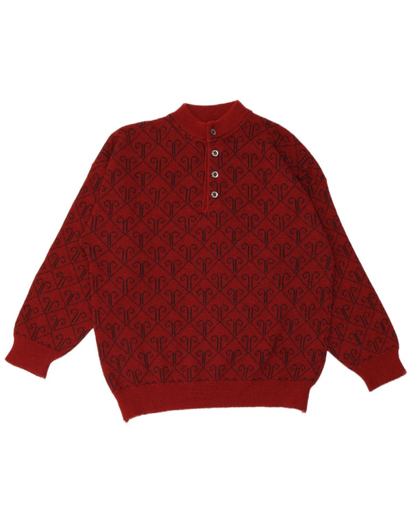 Męski sweter zapinany na guziki w stylu vintage, średnio czerwony, argyle/diamentowa wełna