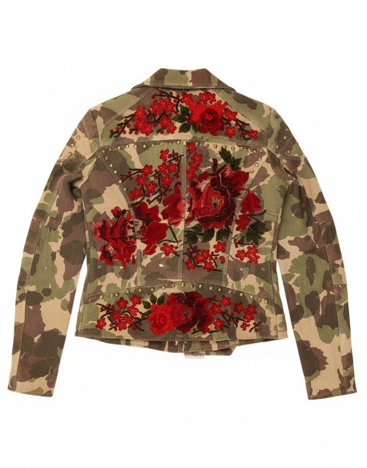 Vintage damska zamszowa kurtka motocyklowa UK 16, duża, zielona skóra w kamuflażu