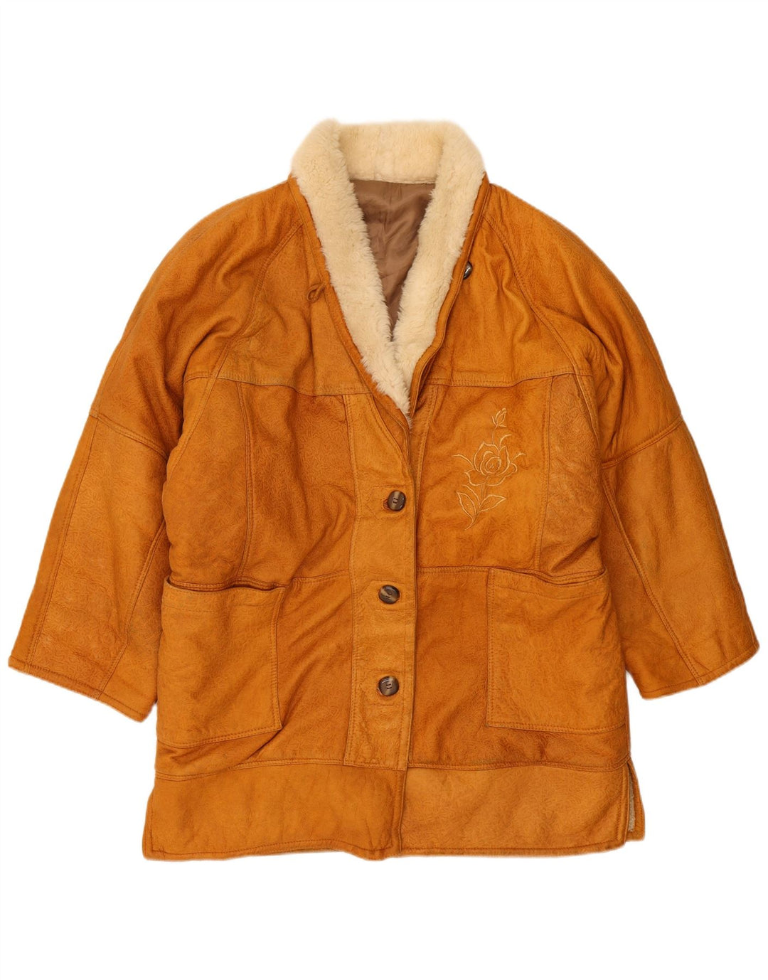 Vintage damski oversize'owy płaszcz z owczej skóry UK 14 średni beż