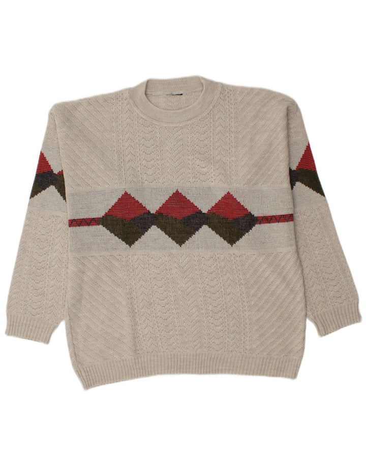 Vintage męski sweter z wycięciem pod szyją, duży beżowy Argyle/diamentowy akryl