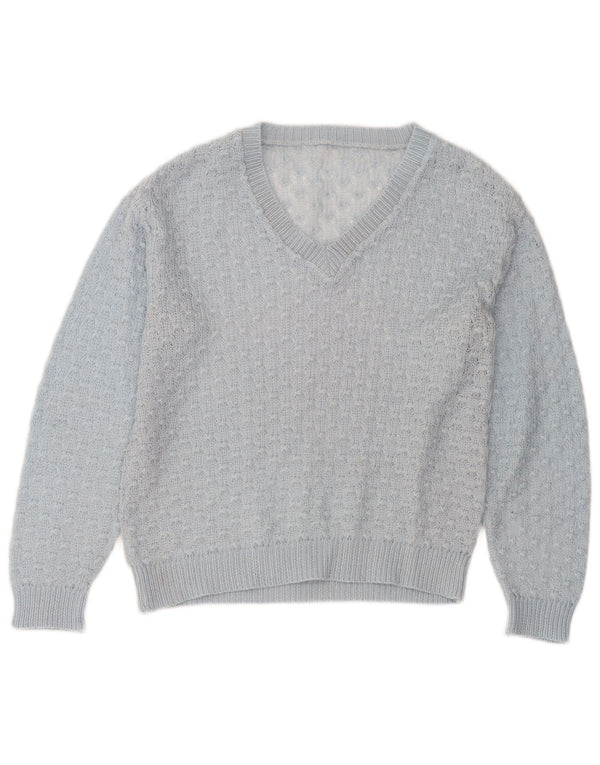 Sweter damski w stylu vintage z dekoltem w kształcie litery V, UK 14, średni niebieski