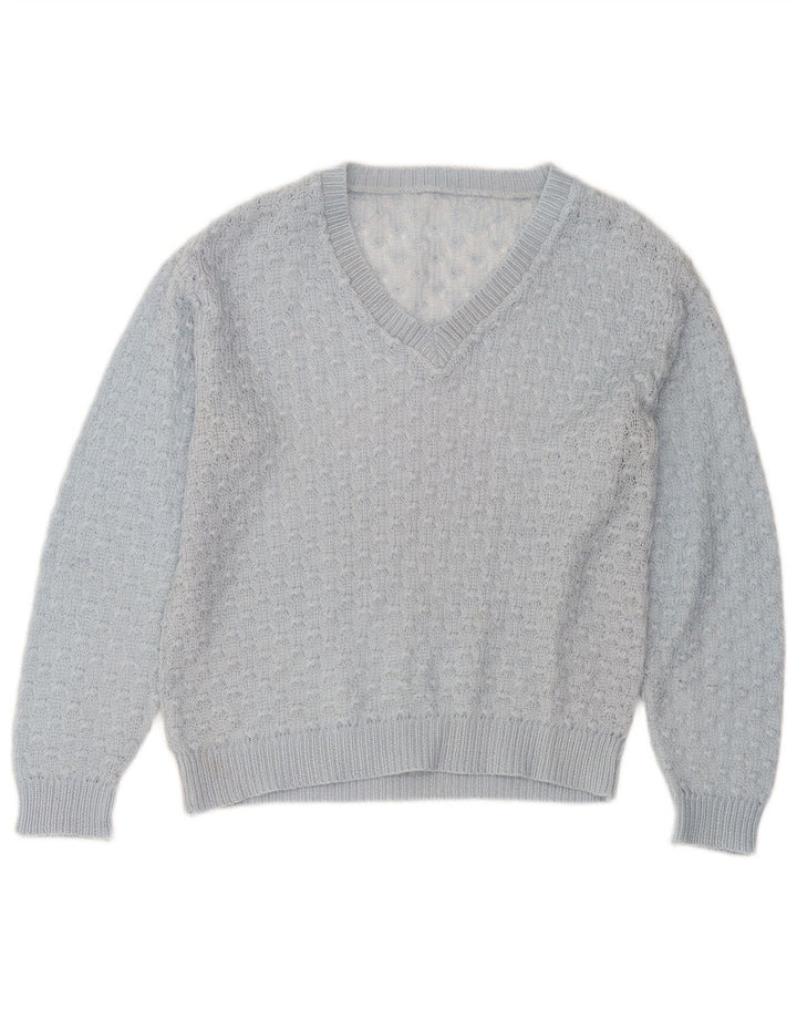 Sweter damski w stylu vintage z dekoltem w kształcie litery V, UK 14, średni niebieski