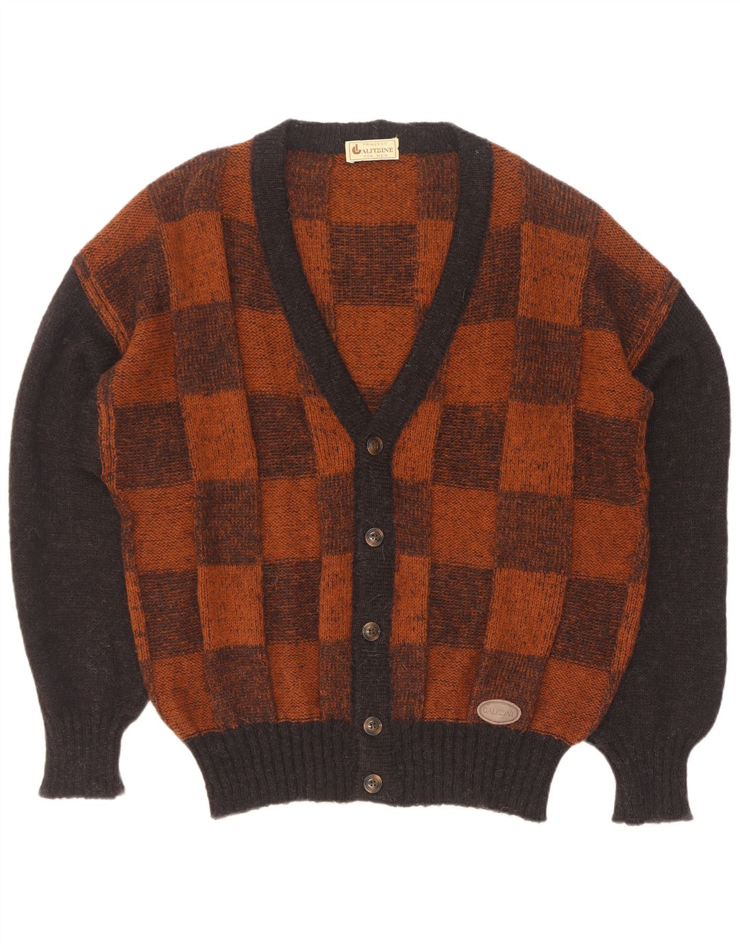Vintage męski sweter rozpinany, duży, brązowy, geometryczny