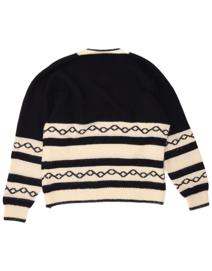 Vintage męski sweter z dekoltem w kształcie litery V, średni granatowy geometryczny