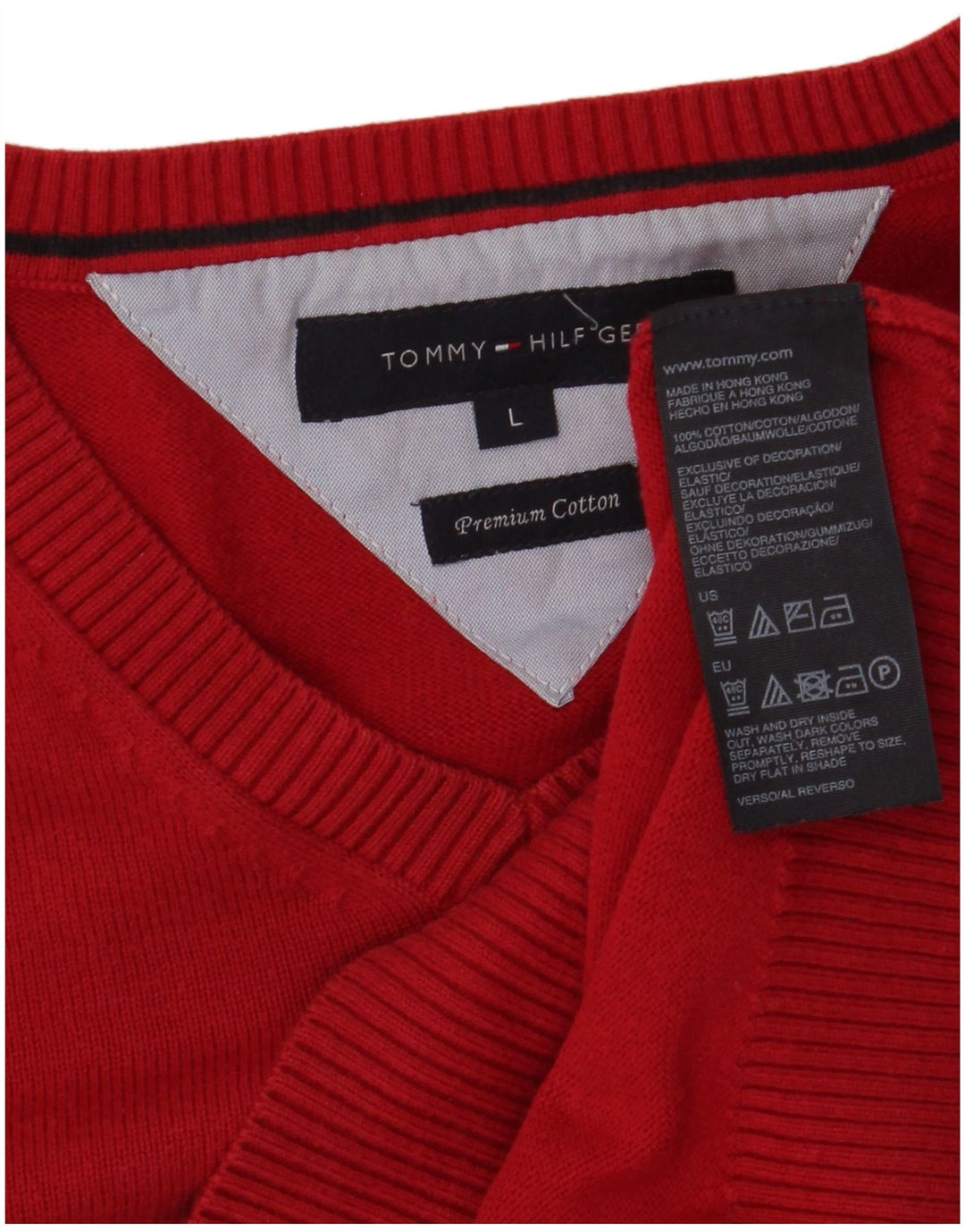 Męski sweter Tommy Hilfiger z dekoltem w kształcie litery V, duży, czerwony, bawełniany