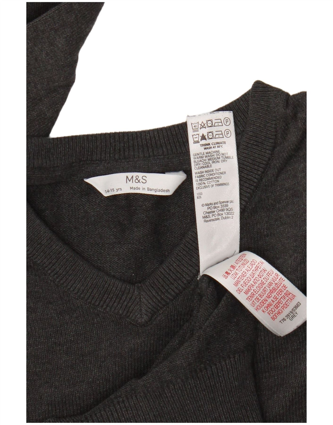 Marks & Spencer Chłopięcy sweter z dekoltem w kształcie litery V, 14-15 lat, szary, bawełniany