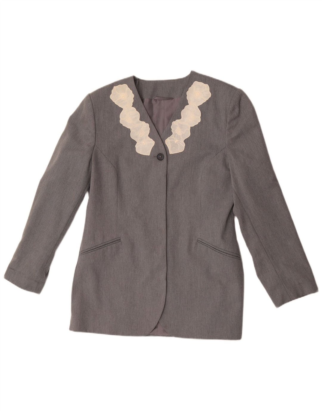 Vintage damska marynarka zapinana na 1 guzik UK 12, średnioszary, kwiatowy poliester