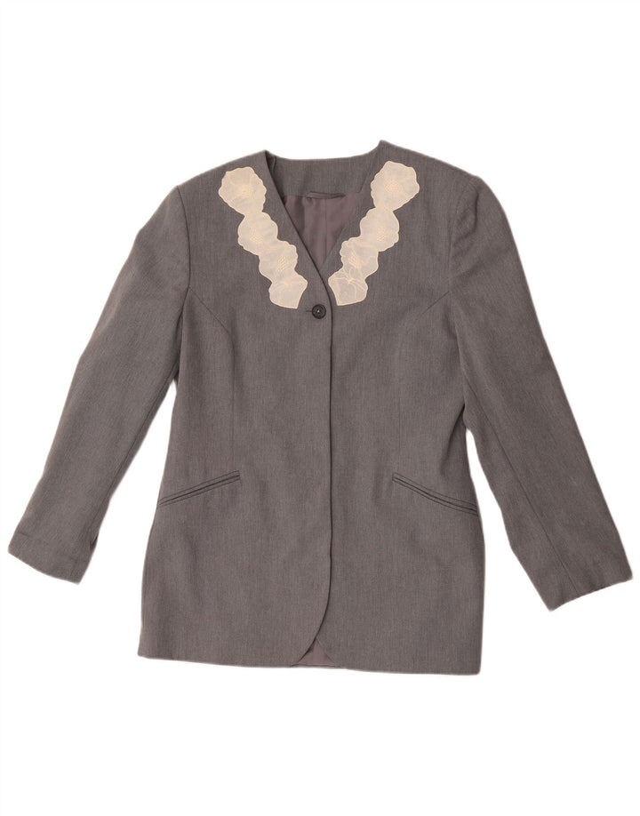 Vintage damska marynarka zapinana na 1 guzik UK 12, średnioszary, kwiatowy poliester