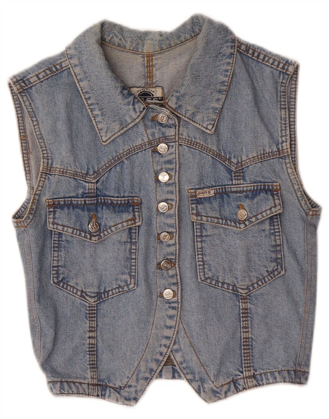 Vintage damska kamizelka jeansowa Crop UK 12 średni niebieski