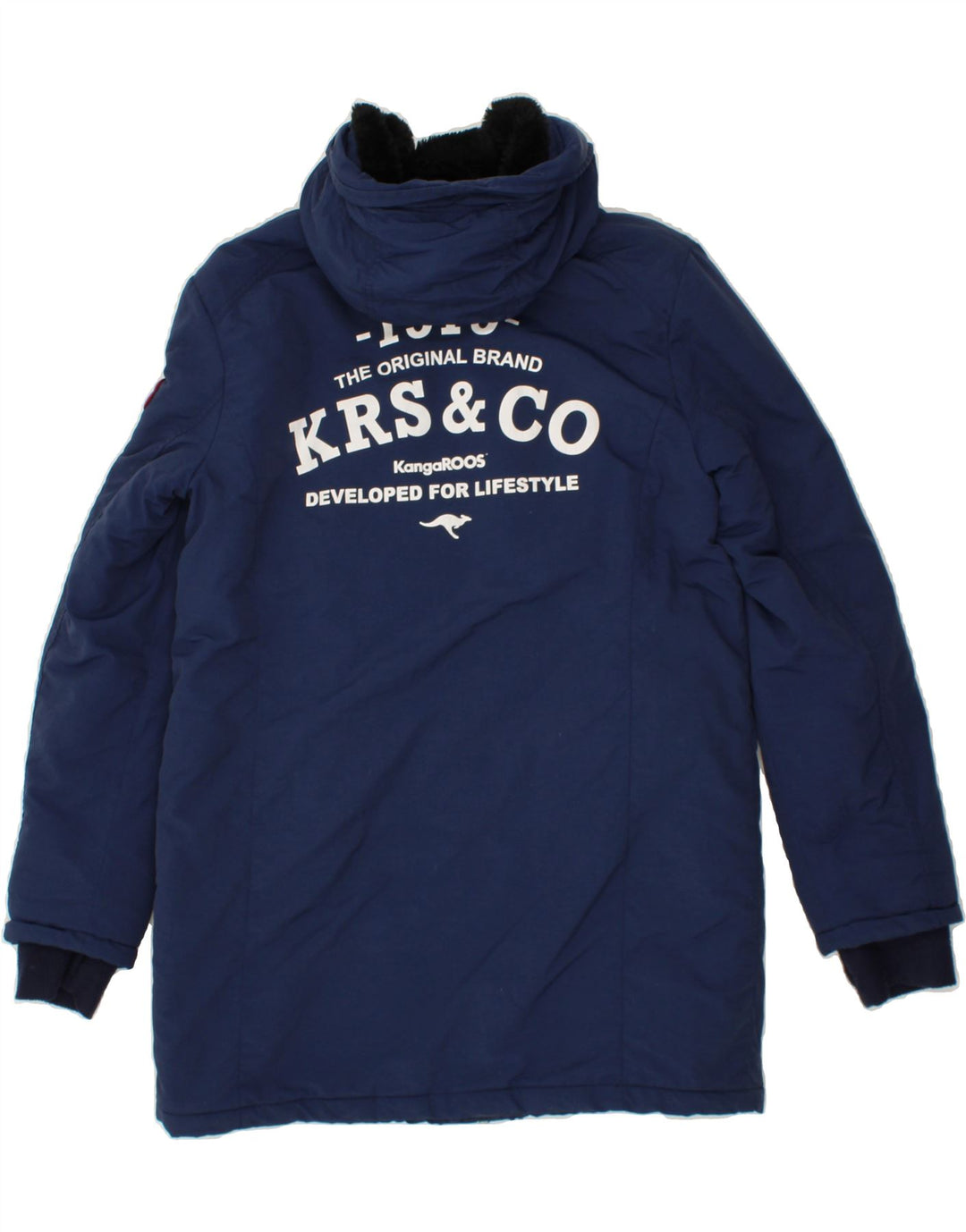 KANGAROOS Womens Graphic Hooded Padded Jacket UK 12 Medium Navy Blue Vintage Kangaroos and Second-Hand Kangaroos from Messina Hembry 