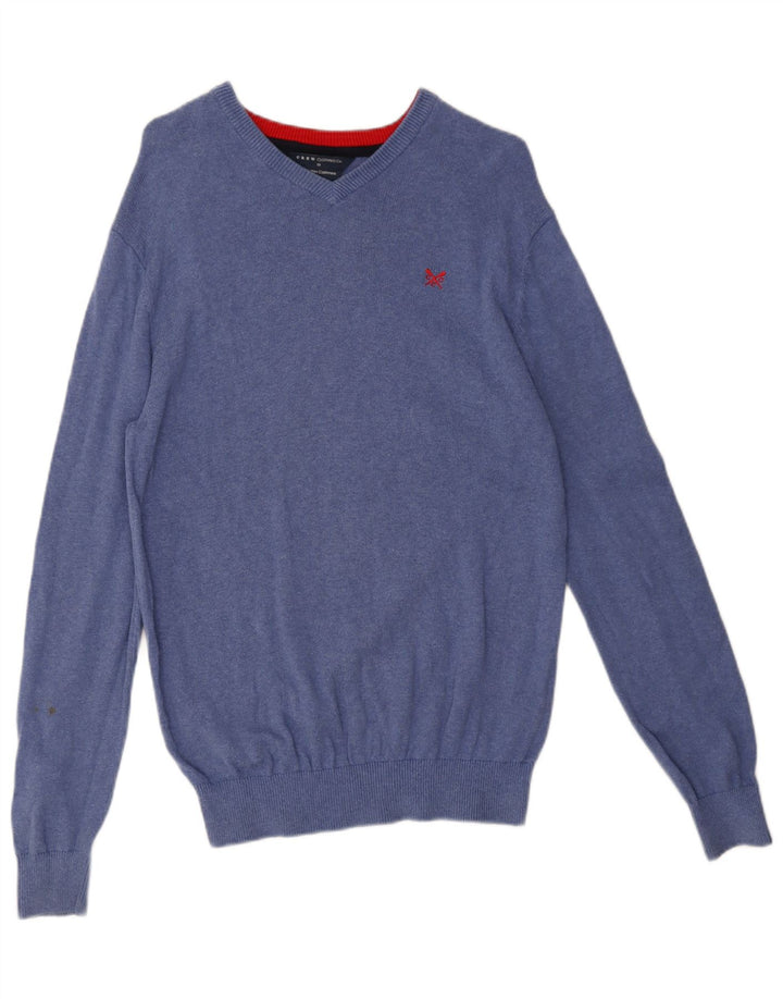 Crew Clothing Męski sweter z dekoltem w kształcie litery V, średnioniebieski, bawełniany