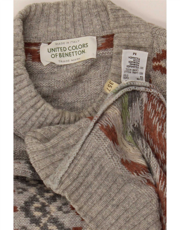 Męski sweter z okrągłym dekoltem Benetton, średnioszary, wełniany Fair Isle