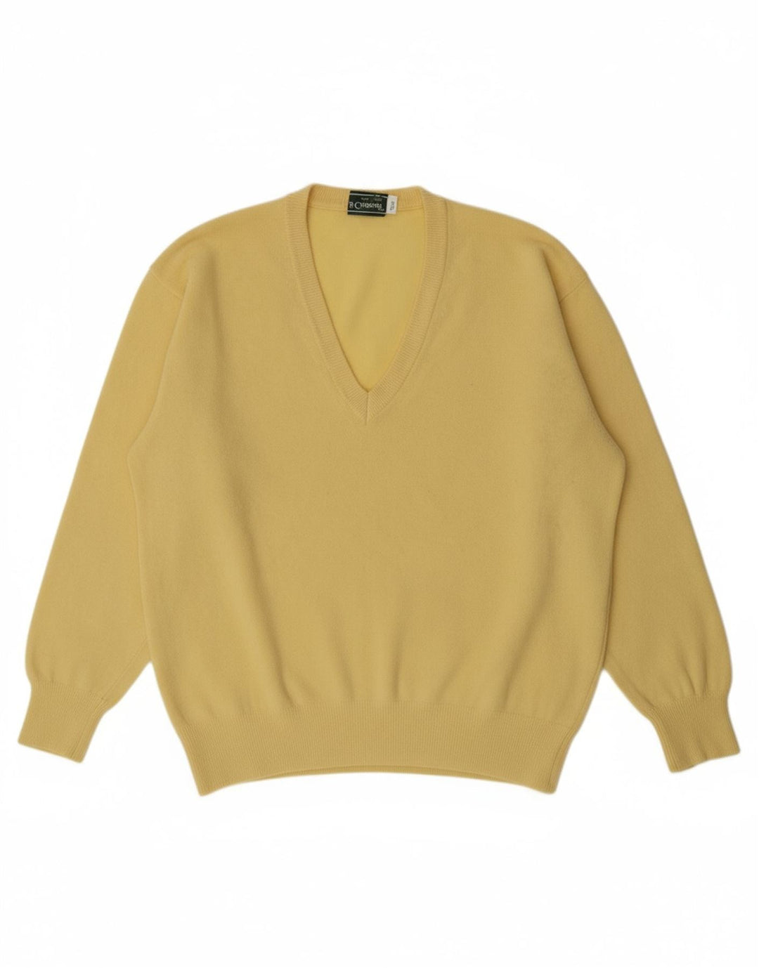VINTAGE Mens V-Neck Jumper Sweater IT 52 Large Yellow Wool