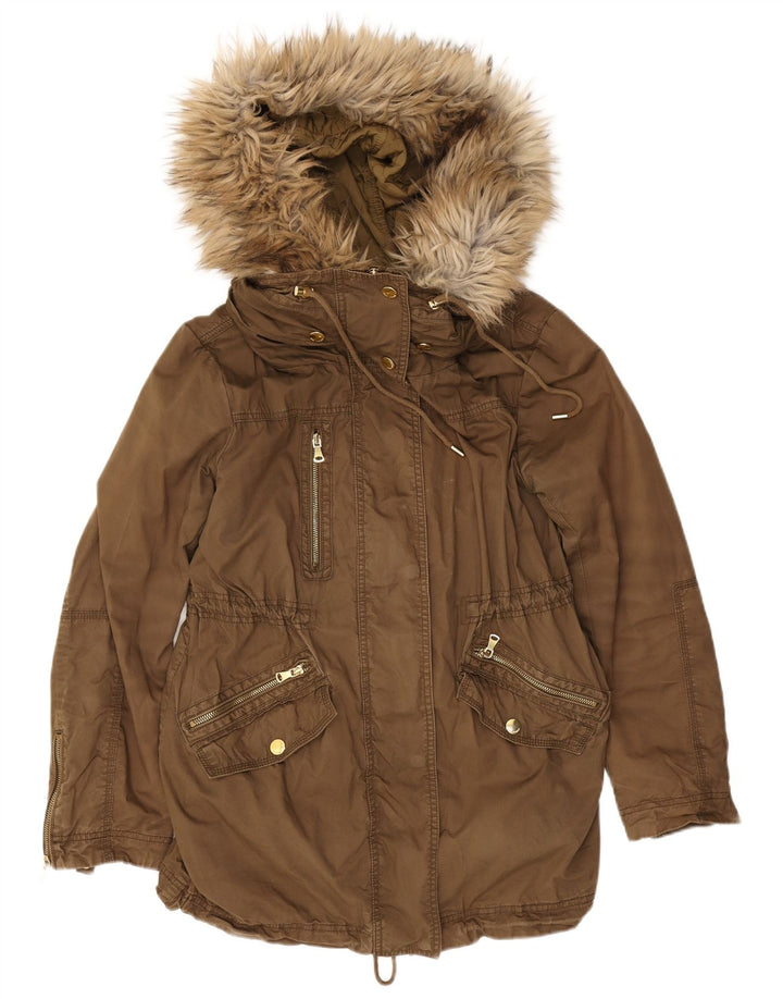 Damska kurtka parka z kapturem Zara UK 14, średni khaki, poliester