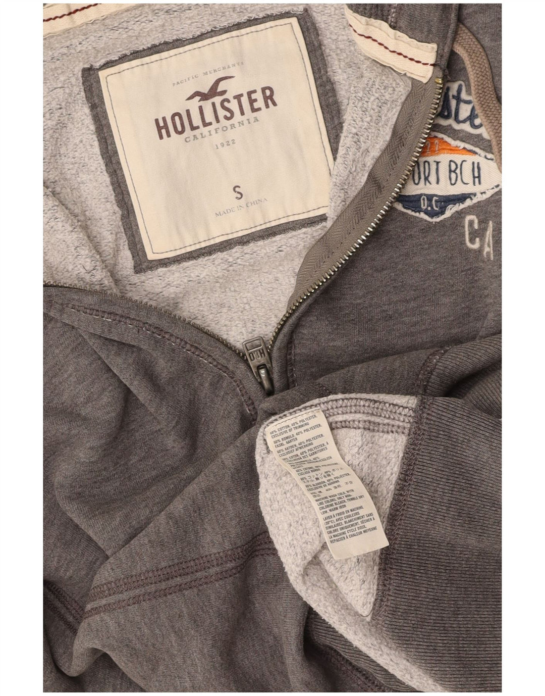 Damski sweter HOLLISTER z grafiką i zamkiem błyskawicznym UK 10, mały, szary, bawełniany