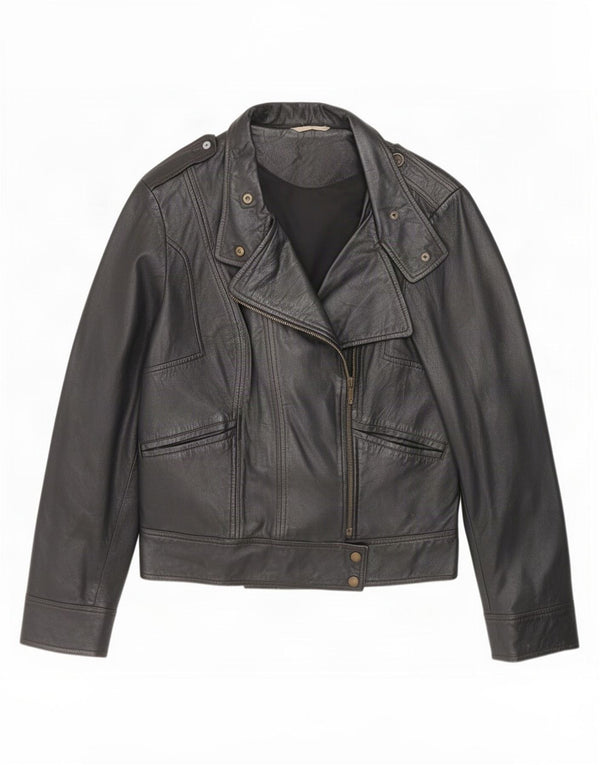 Promod Womens Leather Biker Jacket UK 14 Medium Black