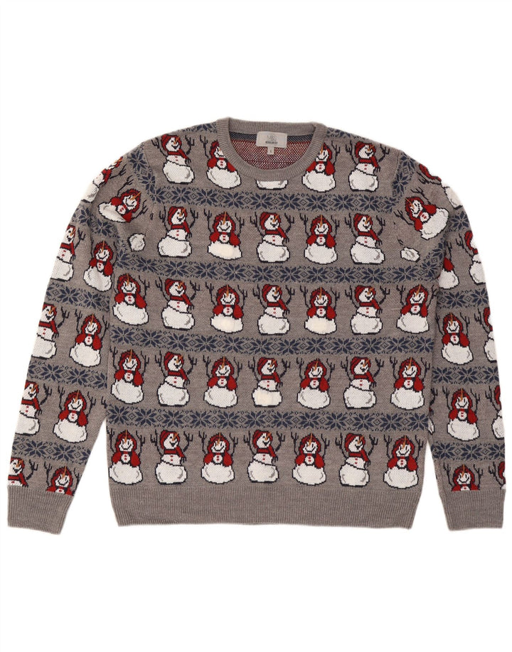 Marks & Spencer Męski sweter z okrągłym dekoltem, duży, szary, świąteczny