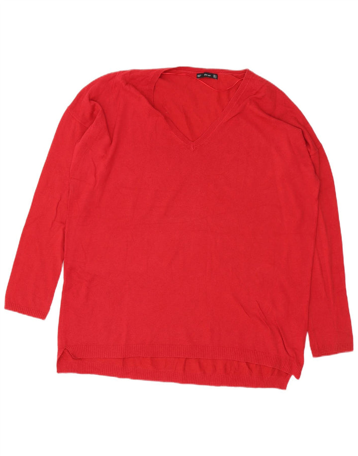 Sweter damski Zara Oversize z dekoltem w kształcie litery V, UK 14, średni czerwony, bawełniany