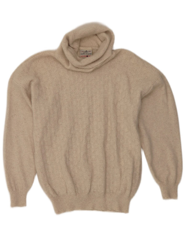 Sweter damski w stylu vintage z golfem UK 16, duży, beżowy Angora