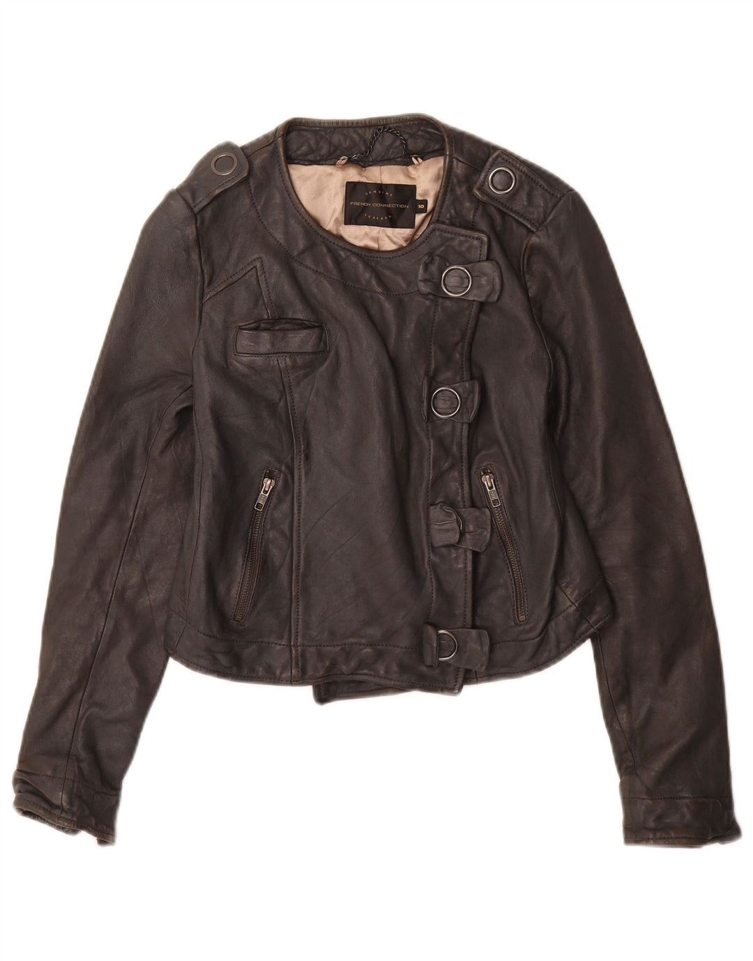 Damska kurtka wojskowa French Connection UK 10, mała, czarna, skórzana