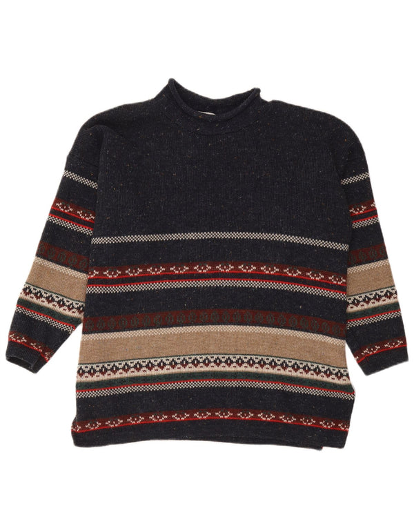 Vintage męski sweter z golfem, średni granatowy akryl w paski