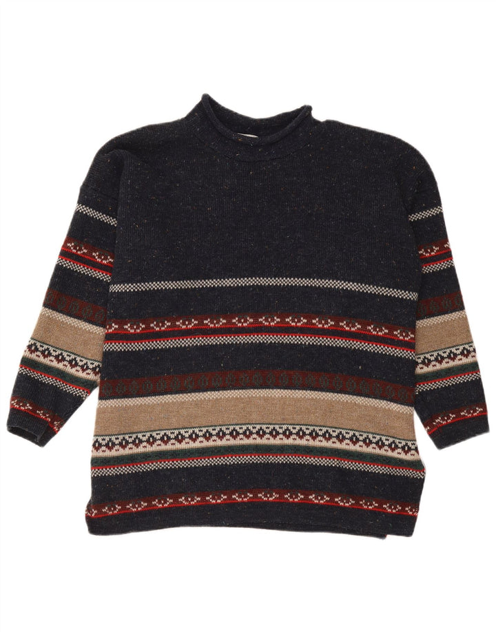 Vintage męski sweter z golfem, średni granatowy akryl w paski
