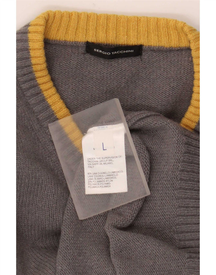 Męski sweter Sergio Tacchini z dekoltem w kształcie litery V, duży, szary, wełniany w paski