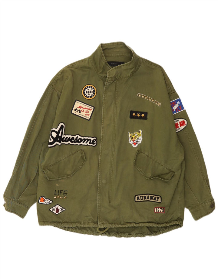 Damska kurtka bomberka Zara Graphic Oversize UK 14, średnia bawełna khaki