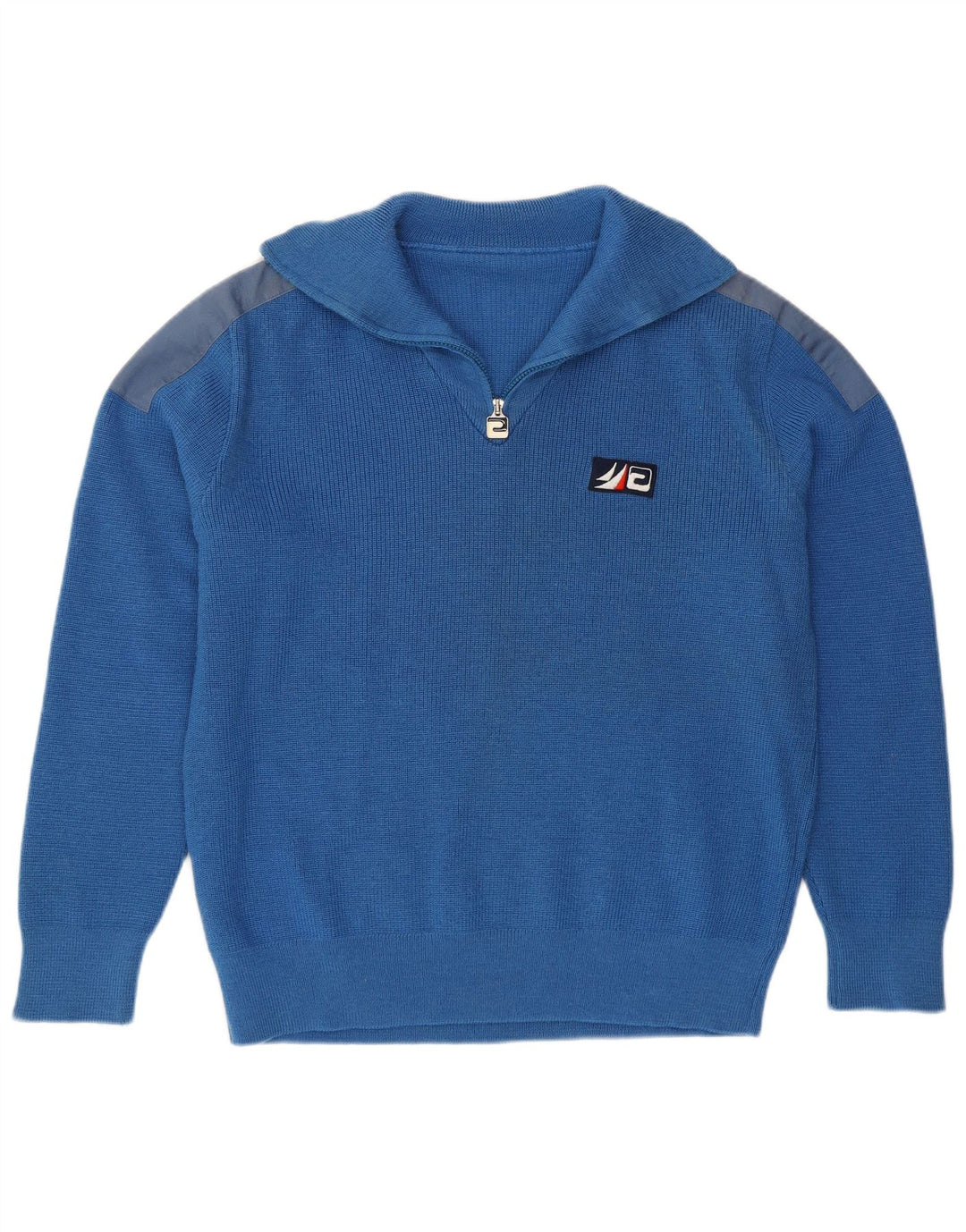 Vintage męski sweter z zamkiem błyskawicznym i dużym niebieskim blokiem kolorów