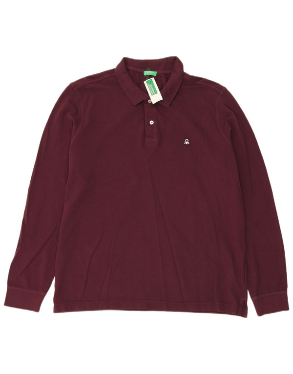 Męska koszulka polo BENETTON z długim rękawem XL, bordowa, bawełniana