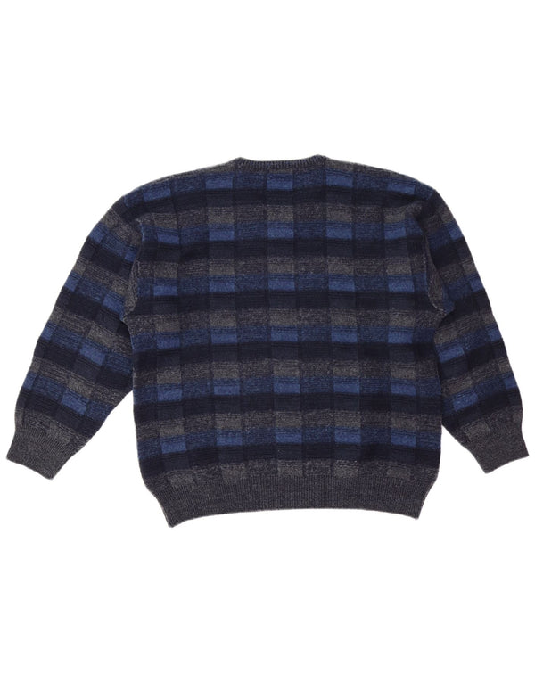 FAIRBANKS Męski sweter z dekoltem w kształcie litery V IT 56 XL Granatowa kratka z dziewiczej wełny