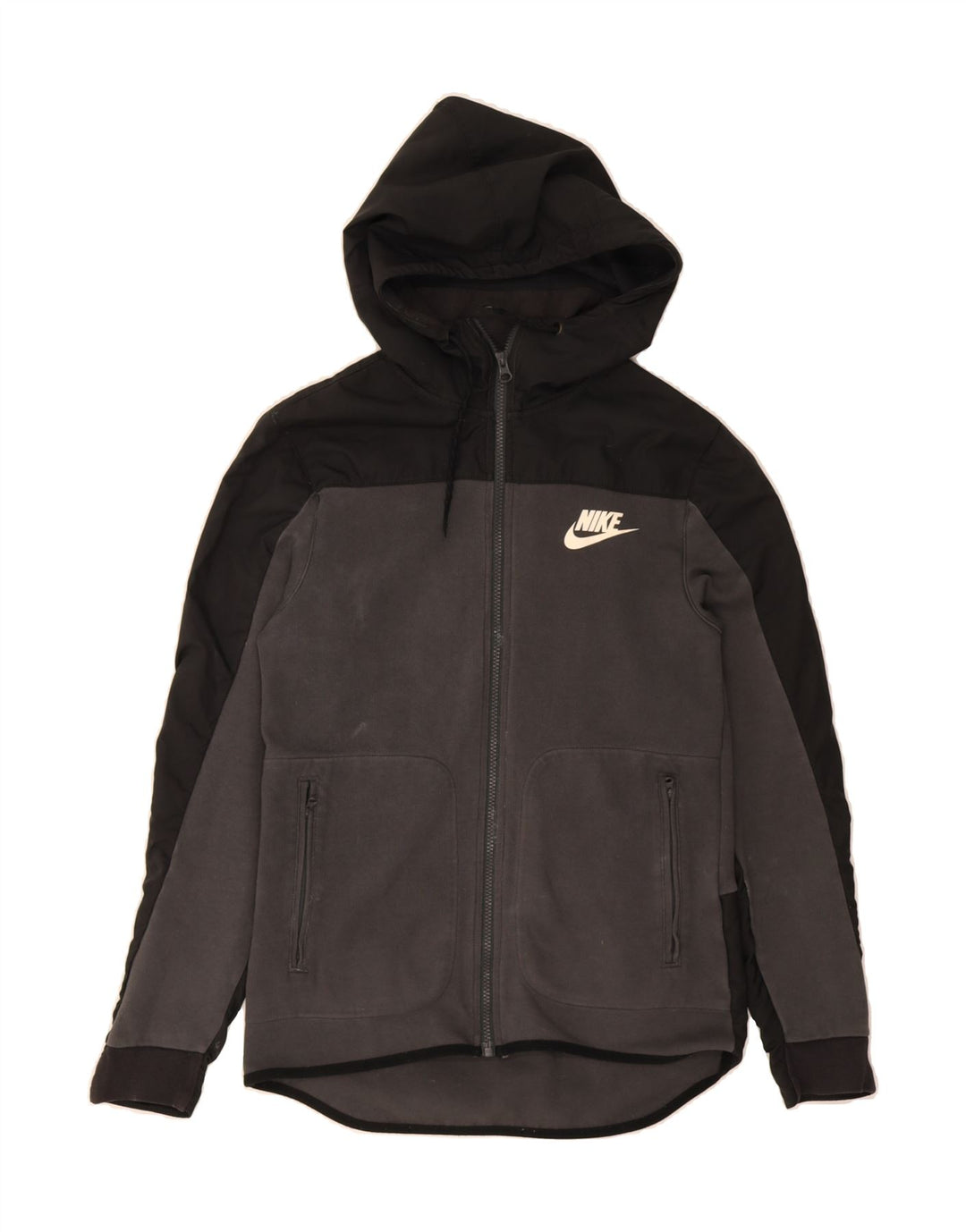 NIKE Mens Zip Hoodie Sweater Small Grey Colourblock Cotton Vintage Nike and Second-Hand Nike from Messina Hembry 