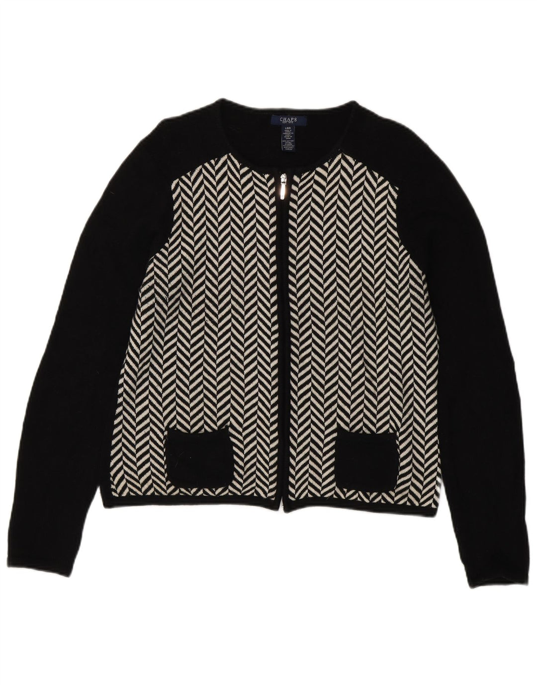 Sweter damski CHAPS typu kardigan UK 14, duży, czarny, bawełniany w jodełkę
