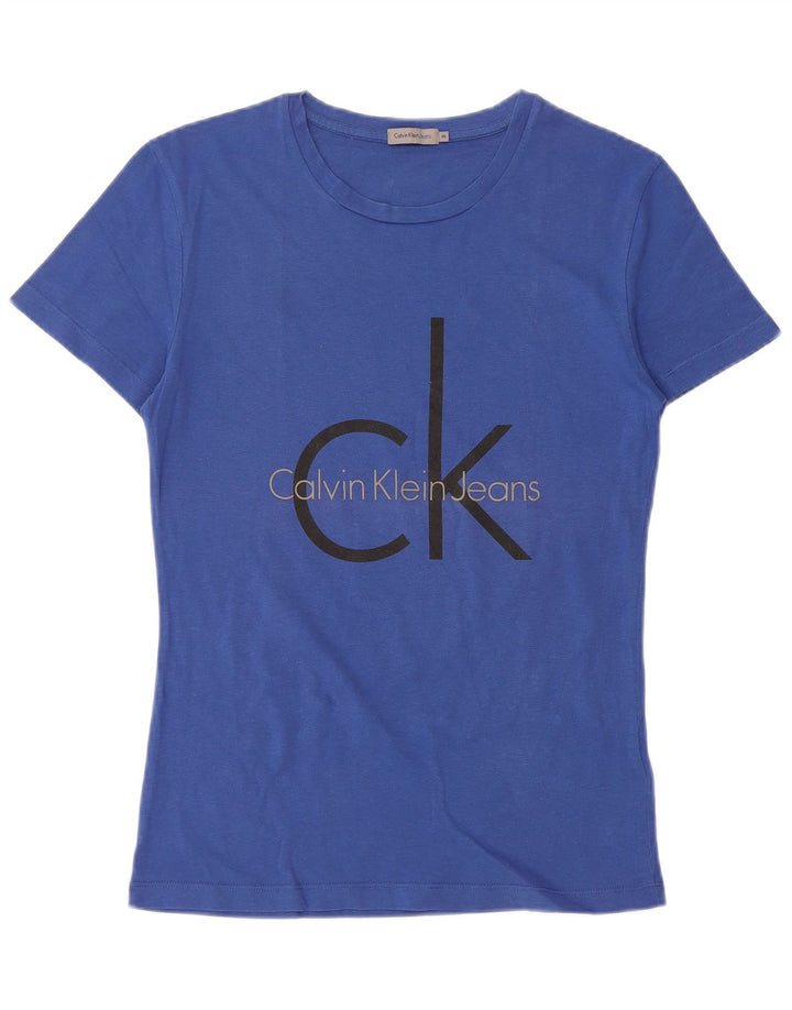 CALVIN KLEIN JEANS Damski T-shirt z grafiką Top UK 12, średni niebieski, bawełniany