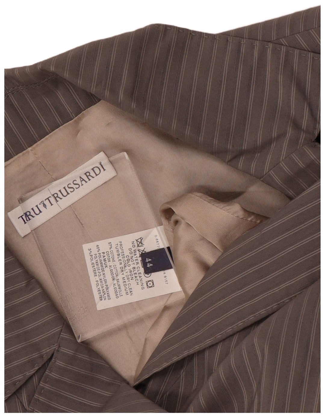 Damska marynarka TRUSSARDI zapinana na 2 guziki IT 44, bawełniana w średnie szare prążki